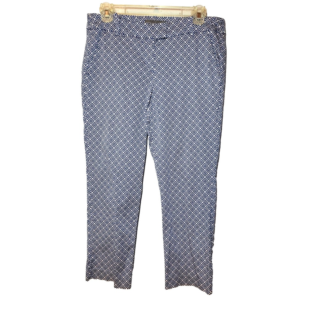 DONNA RICCO NY Ankle Pant Blue White Geometric Print Stretch Pockets Size 10